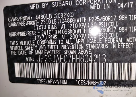 2017 Subaru Forester 2.5I Premium z USA, uszkodzony, nr VIN JF2SJAEC7HH804213